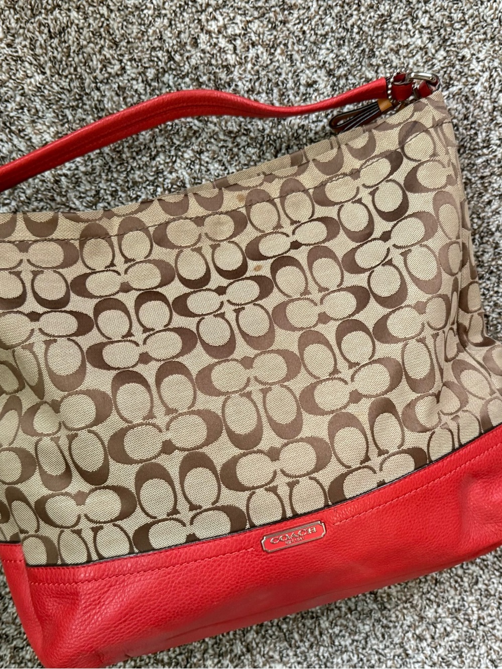 Coach Tan/Brown Signature Canvas Hobo with Red Leather Trim